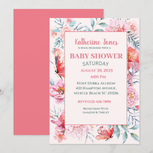 Elegant Coral Pink Floral Baby Shower Invitation