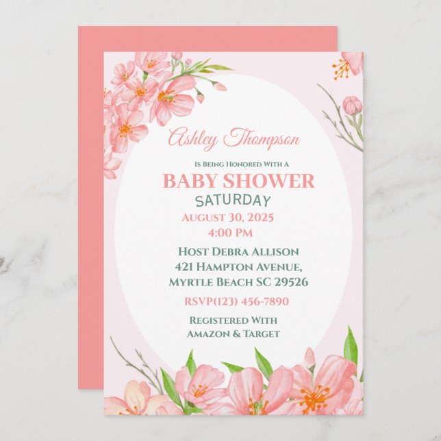 Elegant Coral Pink Floral Baby Shower Invitation (Front/Back)