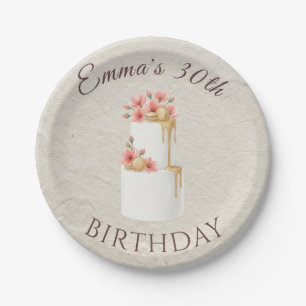 Elegant Coral Pink Floral Rose Gold Birthday Cake Paper Plate
