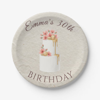 Elegant Coral Pink Floral Rose Gold Birthday Cake Paper Plate