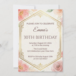 Elegant Coral Pink Floral Rose Milestone Birthday Invitation
