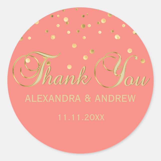 Elegant CORAL Pink Gold Wedding Thank You Classic Round Sticker (Front)