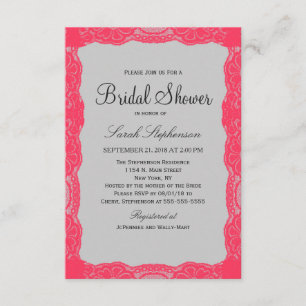 Elegant Coral Pink Lace Border & Slate Grey Invitation
