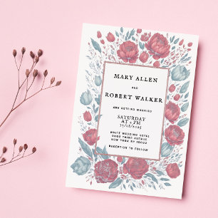 Elegant coral pink light blue floral frame wedding invitation