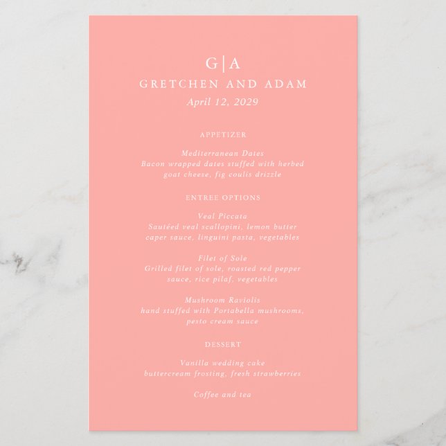 Elegant Coral Pink Modern Budget Wedding Menu (Front)