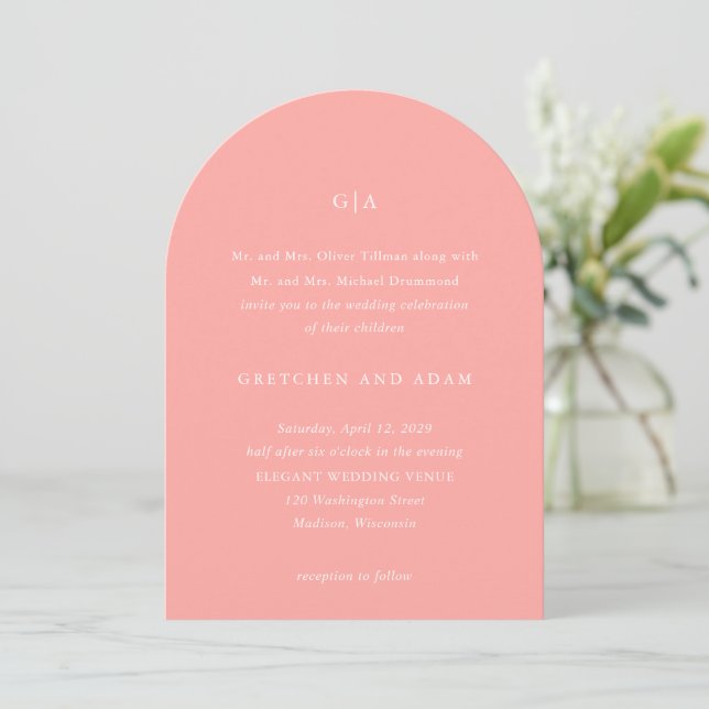 Elegant Coral Pink Modern Wedding Invitation (Standing Front)
