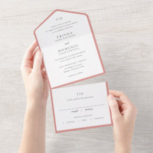 Elegant Coral Pink Monogram Modern Wedding All In One Invitation