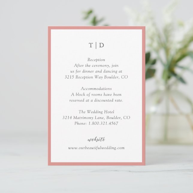 Elegant Coral Pink Monogram Modern Wedding Enclosure Card (Standing Front)