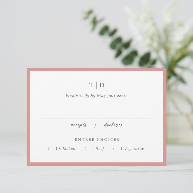 Elegant Coral Pink Monogram Modern Wedding RSVP Card (Standing Front)