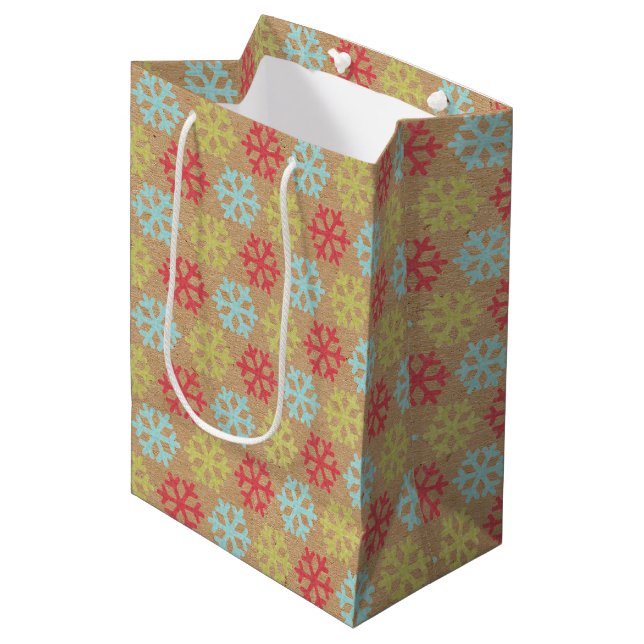 Elegant Coral Pink Red Mint Blue Green Snowflakes Medium Gift Bag (Front Angled)