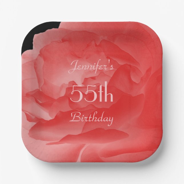 Elegant Coral Pink Rose, 55th Birthday Square  Paper Plate (Front)