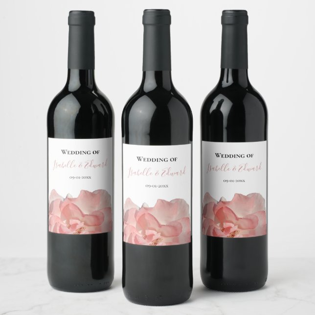 Elegant Coral Pink Rose Floral Wedding Wine Label (Bottles)