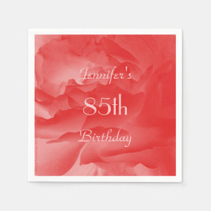 Elegant Coral Pink Rose, Name, 85th Birthday Paper Napkin
