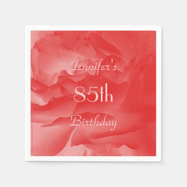 Elegant Coral Pink Rose, Name, 85th Birthday Paper Napkin (Front)