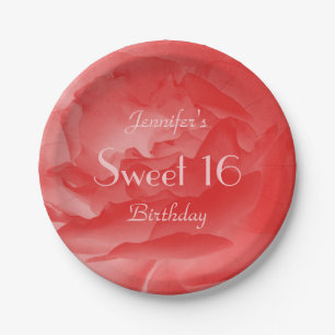 Elegant Coral Pink Rose, Sweet 16 Birthday Party  Paper Plate