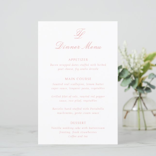 Elegant Coral Pink Traditional Wedding Menu (Standing Front)