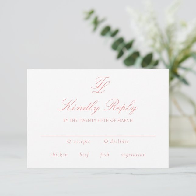 Elegant Coral Pink Traditional Wedding RSVP Card (Standing Front)
