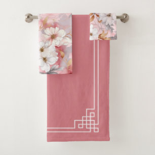 Elegant Coral Pink Watercolor Floral Botanical Bath Towel Set