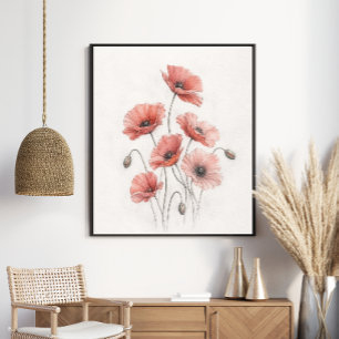 Elegant Coral Poppies Botanical Floral Art Poster