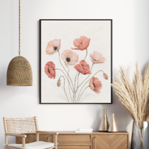 Elegant Coral Poppies Botanical Floral Art Poster