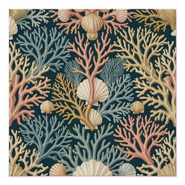 Elegant Coral Reef Seashell Pattern Teal Poster (Front)