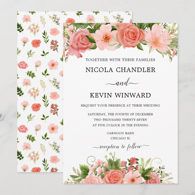 Elegant Coral Roses Floral Wedding Invitation (Front/Back)