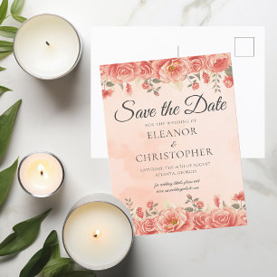 Elegant Coral Roses Watercolor Peach Floral Announcement Postcard