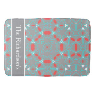 Elegant Coral Turquoise Grey Geometric Pattern Bath Mat
