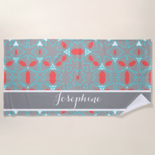 Elegant Coral Turquoise Grey Geometric Pattern Beach Towel