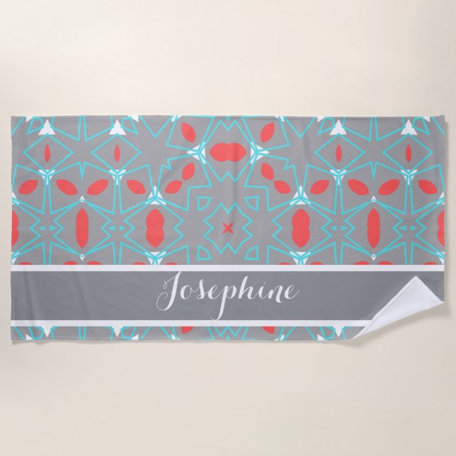 Elegant Coral Turquoise Grey Geometric Pattern  Beach Towel (Front)