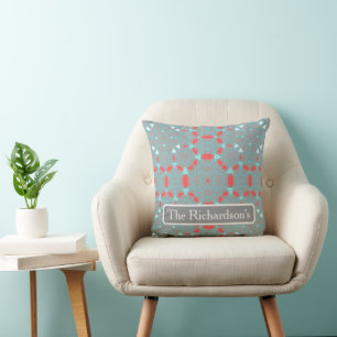 Elegant Coral Turquoise Grey Geometric Pattern Cushion
