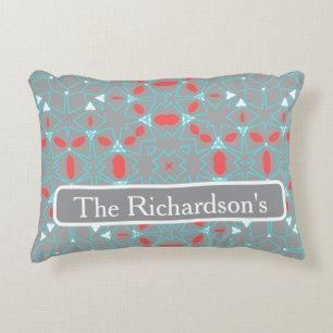 Elegant Coral Turquoise Grey Geometric Pattern Decorative Cushion