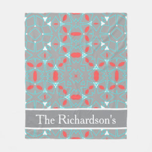 Elegant Coral Turquoise Grey Geometric Pattern Fleece Blanket