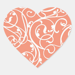Elegant Coral Vintage Scroll Damask Pattern Heart Sticker