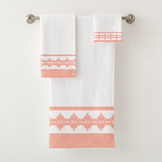 Elegant Coral & White Geometric Pattern Bath Towel Set (Insitu)