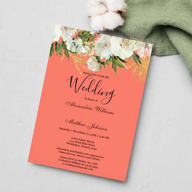 Elegant coral white gold green floral Wedding Invitation (Elegant coral white gold green floral Wedding )