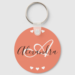 Elegant Coral White Hearts Script Name Monogram  Key Ring
