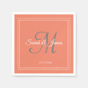 Elegant Coral White Monogram Wedding Paper Napkin