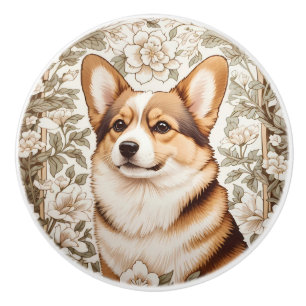 Elegant Corgi Cream Floral William Morris Inspired Ceramic Knob