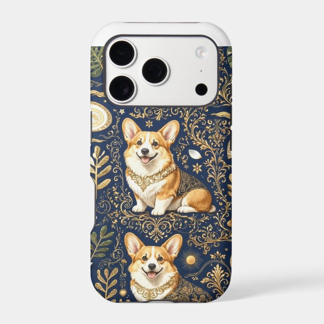 Elegant Corgi Dogs Gold Damask Navy Blue Pattern  (Back)