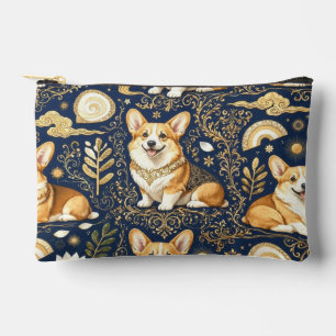 Elegant Corgi Dogs Gold Damask Navy Blue Pattern Accessory Pouch