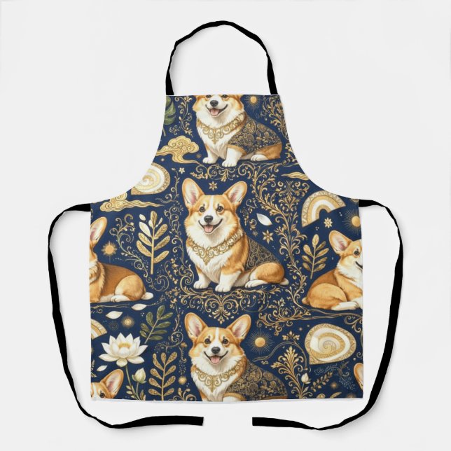 Elegant Corgi Dogs Gold Damask Navy Blue Pattern  Apron (Front)