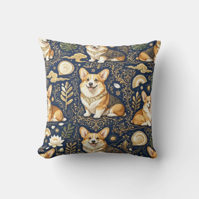 Elegant Corgi Dogs Gold Damask Navy Blue Pattern  Cushion (Front)