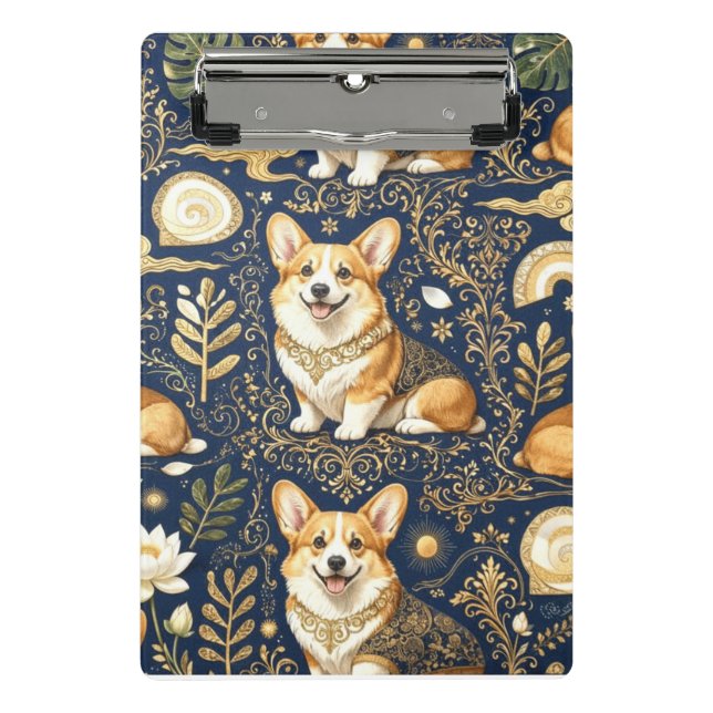 Elegant Corgi Dogs Gold Damask Navy Blue Pattern  Mini Clipboard (Front)