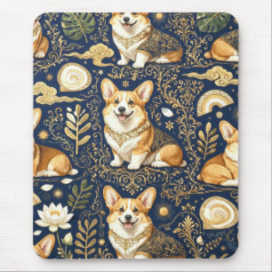 Elegant Corgi Dogs Gold Damask Navy Blue Pattern Mouse Mat