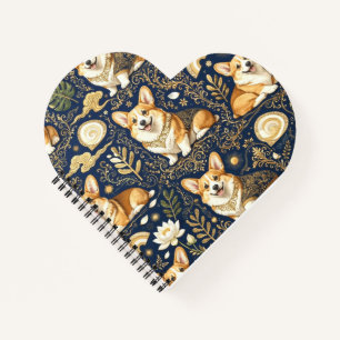 Elegant Corgi Dogs Gold Damask Navy Blue Pattern Notebook