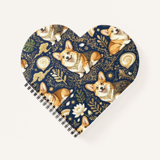 Elegant Corgi Dogs Gold Damask Navy Blue Pattern  Notebook (Front)