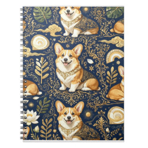 Elegant Corgi Dogs Gold Damask Navy Blue Pattern Notebook