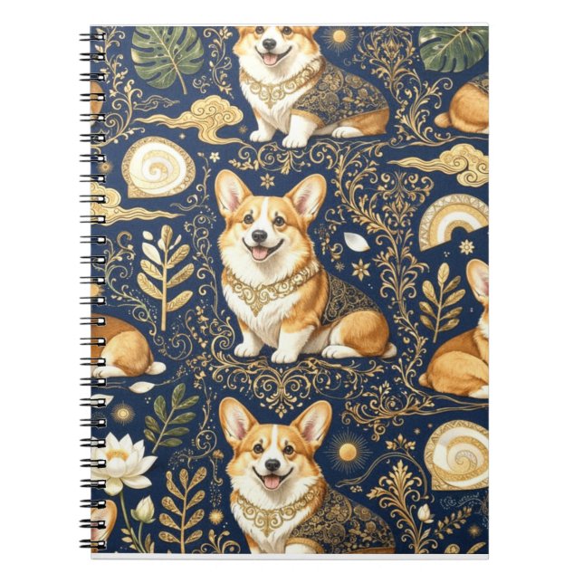 Elegant Corgi Dogs Gold Damask Navy Blue Pattern  Notebook (Front)
