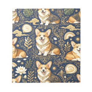 Elegant Corgi Dogs Gold Damask Navy Blue Pattern Notepad